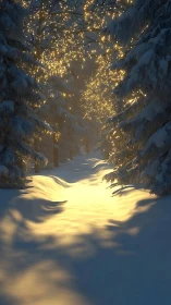 Golden lights illuminate a tranquil snowy forest path