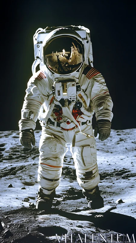 Lone astronaut strides across moonlit surface in silence.