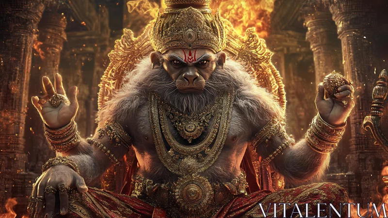 Simian war-god lounges in molten gold and temple fire