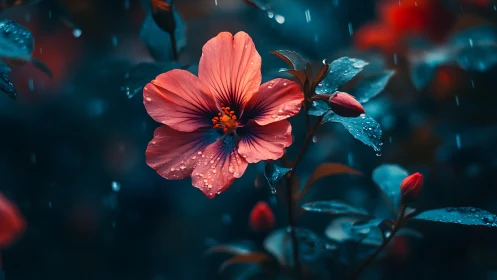 Coral Bloom Kissed by Rain in Twilight Garden.
