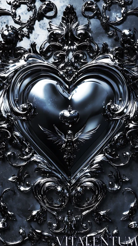 Ornate liquid metal heart within baroque sculptural frame.