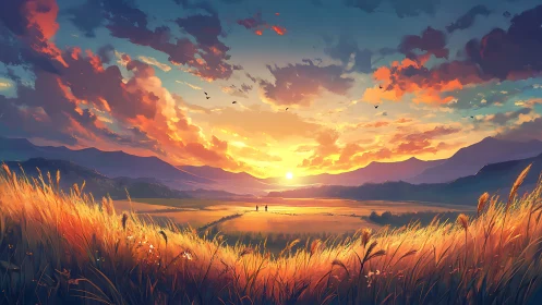 Radiant sunset over wheat fields rendered in vivid digital color