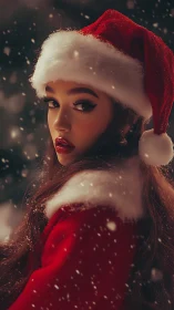 Woman in red Santa outfit looks back amid falling snow