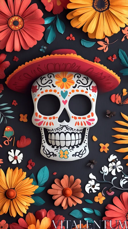 Digital papel picado skull with floral Dia de Muertos composition.