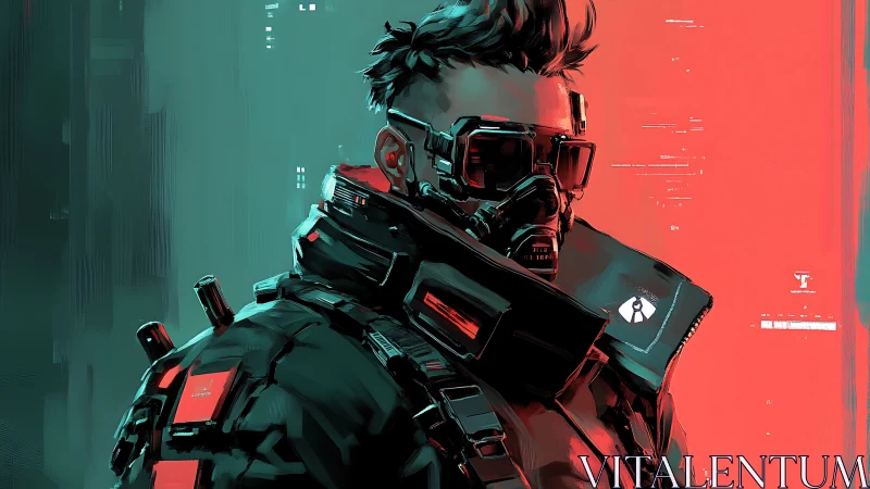 Cyberpunk sentinel stands in neon contrast and shadowed armor.