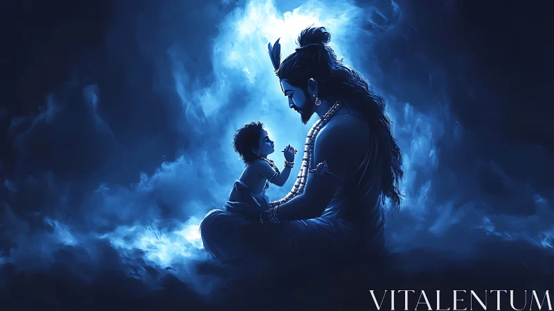 Divine father and child in luminous blue cosmic mist.