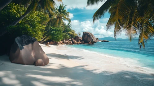 Tropical Cove with Granite Boulders and Palm Framing.