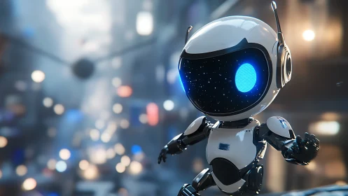 Small white service robot in blurred urban night scene.