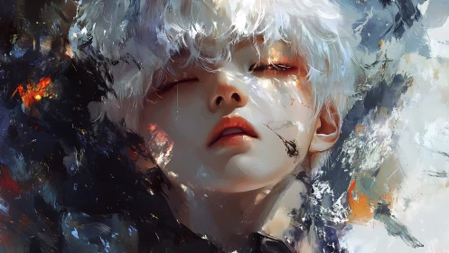 Dream-drowned angel in storm-splashed color quiets the void.