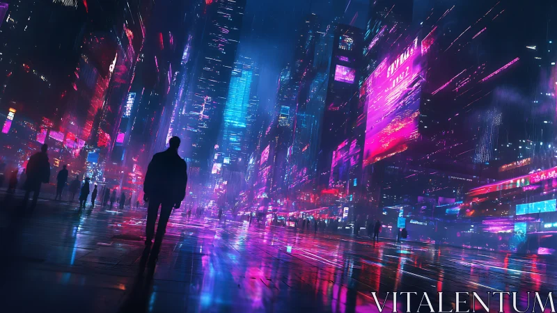 Cyberpunk neon corridor with silhouetted urban wanderer.