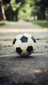 Photorealistic close-up soccer ball on sunlit park path.