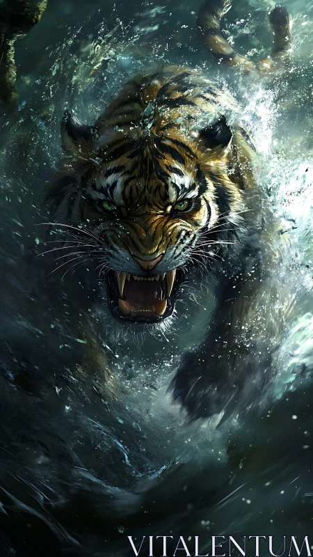 Ferocious tiger charges through stormy water in dramatic light