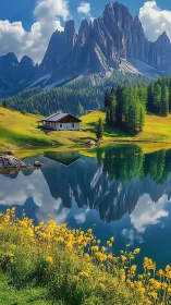 Lakeside alpine cabin with jagged dolomite peaks reflected