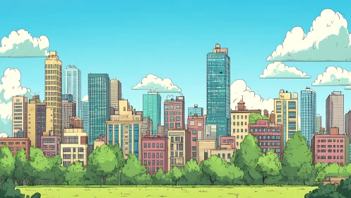 Urban skyline illustration with park trees in foreground.