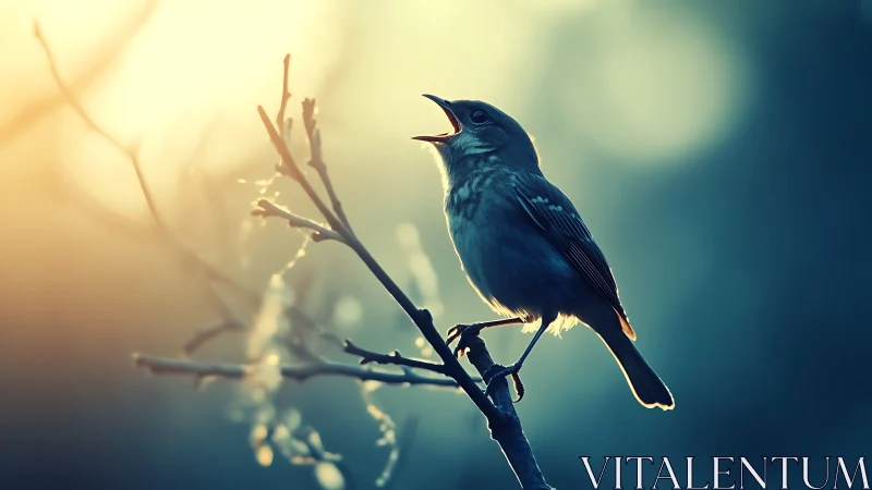 Songbird on Branch in Soft Sunrise Light, Artistic Nature Photo.
