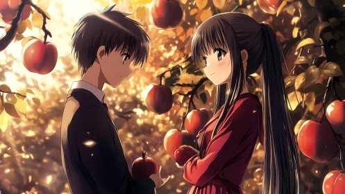 Autumn orchard anime couple under warm backlit apple trees