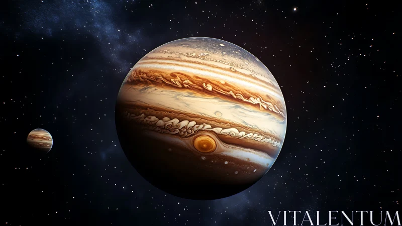 Jupiter gas giant rendered with vivid bands and swirling storm