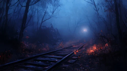 Moody forest railway glows with distant train lights ahead