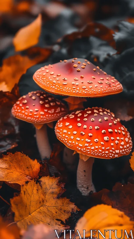 Crimson forest toadstools glowing amid sleepy autumn leaves.