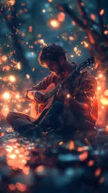 Guitarist in ember-lit forest pool under drifting sparks.