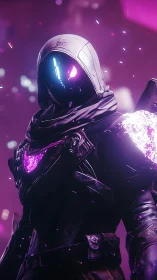 Neon-clad space rogue glowing with mysterious cosmic power.