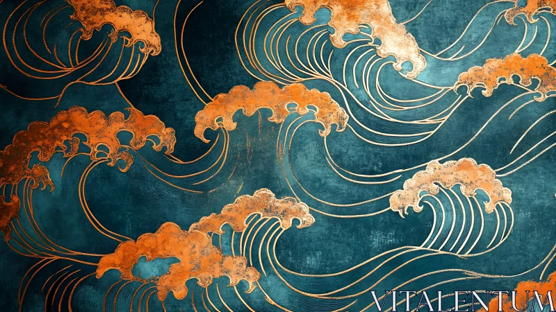Abstract teal and copper stylized wave pattern illustration.