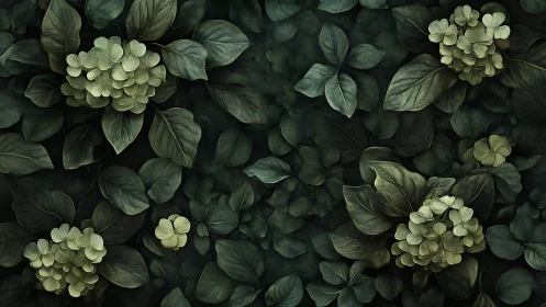 Dense hydrangea foliage pattern with muted green blossoms.