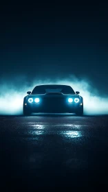 Midnight muscle car silhouette with glowing blue headlights.