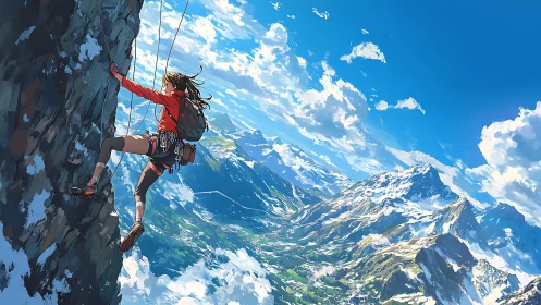 Solo climber on steep alpine cliff under clear sky.