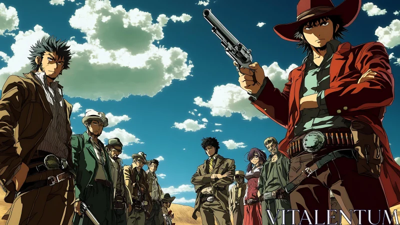 Wide-angle anime gunslinger standoff with multi-figure depth cues