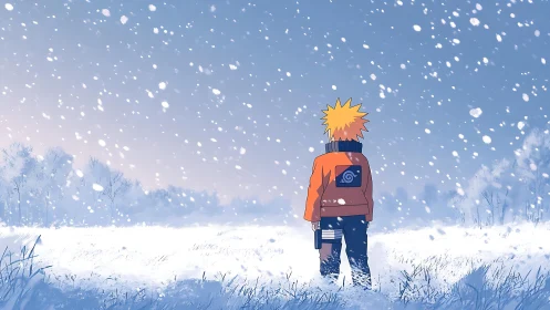 Anime boy in orange jacket facing snowy winter field.