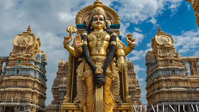 Golden Hindu deity statue before ornate temple towers.