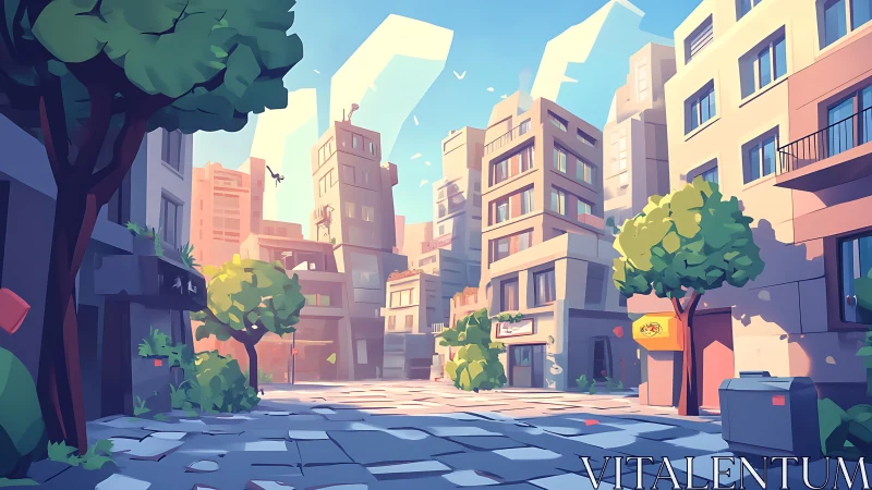 Midday low-rise city street with stylized modern buildings.