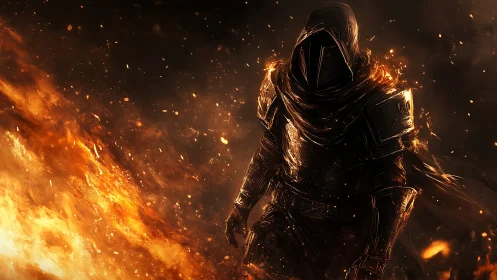 Hooded dark knight strides through erupting inferno blaze