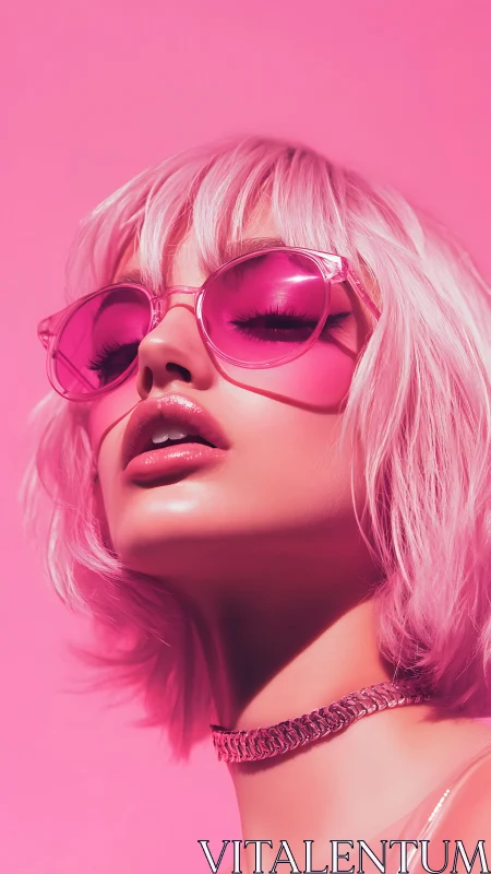 Portrait depicts pink monochrome close-up of woman’s face