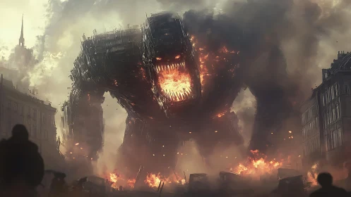 Gigantic fire-breathing mech titan devastates burning city