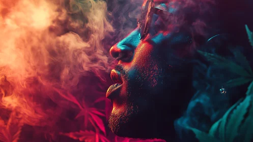 Side-lit male profile in neon haze with cannabis foliage glow