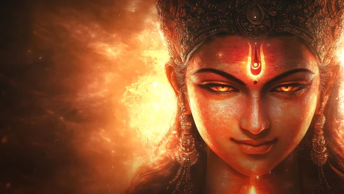 Divine female visage with fiery background and ornaments.