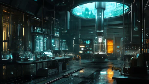Cyan-lit cybernetic laboratory interior renders high-tech chamber