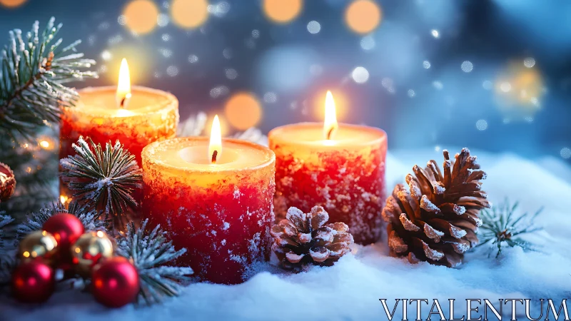 Red winter candles glow beside snow-dusted pinecones.