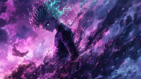 Dark energy figure dissolves into neon storm clouds