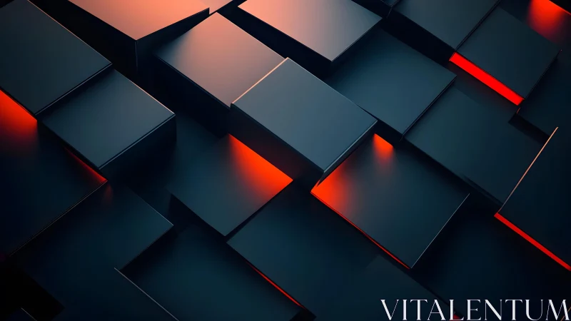 Dark geometric 3D cubes with glowing red highlights, digital art style.