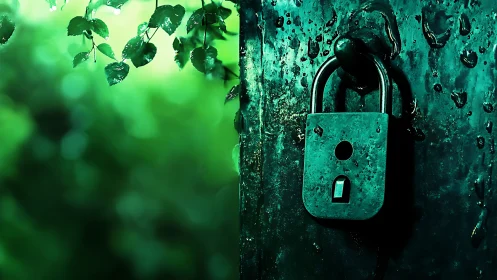 Oxidized padlock against rain-soaked metal and verdant bokeh field.