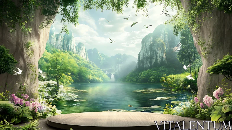 Lakeside forest stage beneath cliffs and distant waterfalls.