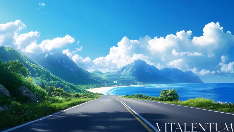 Coastal highway curves toward sunlit mountains and sea panorama.