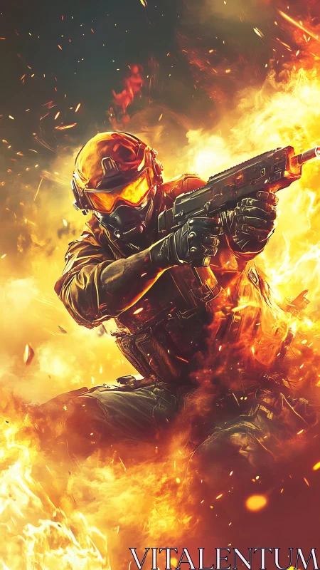 Flame-forged futuristic soldier charging through blazing fire.