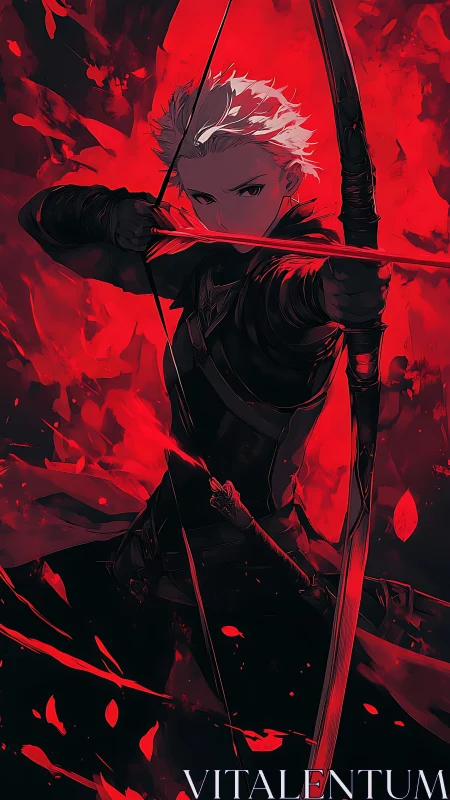 White haired archer drawing bow in red abstract background.
