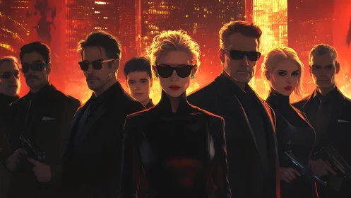 Black-clad armed team in sunglasses before red cityscape.