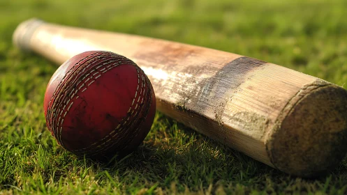 Weathered cricket bat and ball rest on sunlit grass