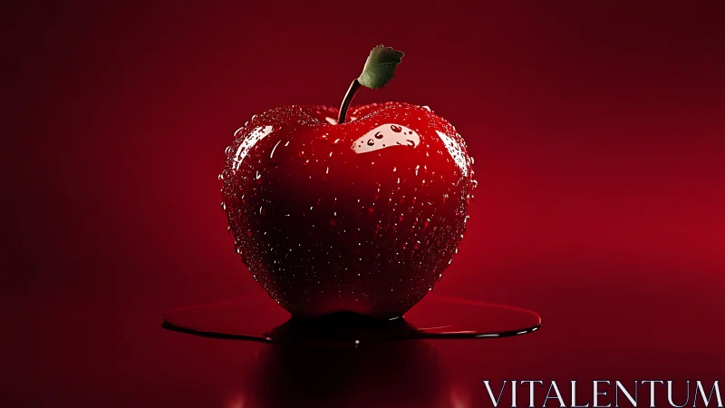 Hyperreal red apple with specular highlights and surface droplets